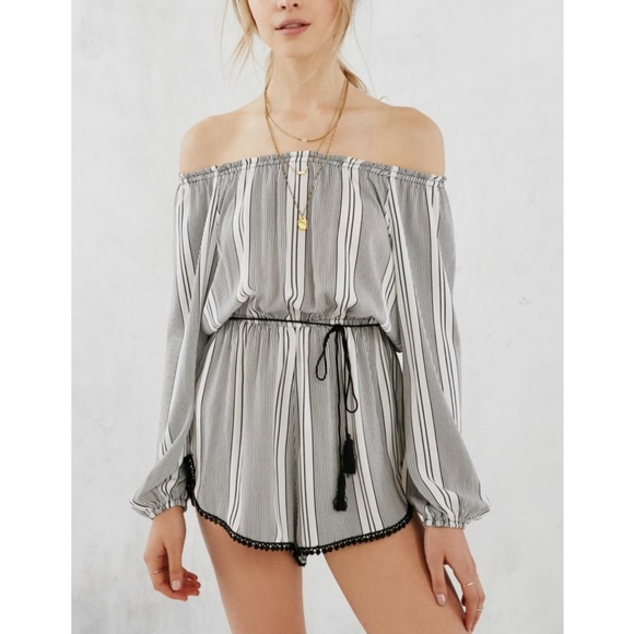 Urban Outfitters Pants - UO Black White Stripe Off Shoulder Romper